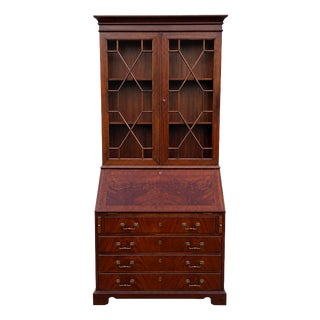 English Mahogany Secretary Desk with Glass-Fronted Cabinet, 1920s For Sale