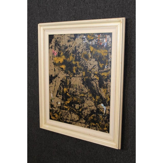 Vertical abstract painting by Bucks County, Pennsylvania artist Dennis Sakelson. Thick stroke painting in white wood...