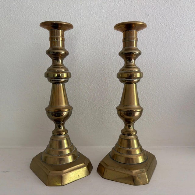 Pair of Vintage Solid Brass Candlesticks 10” High For Sale - Image 4 of 5