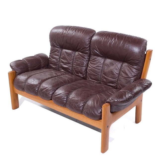 Ekornes Mid Century Danish Teak Leather Loveseat For Sale - Image 9 of 9