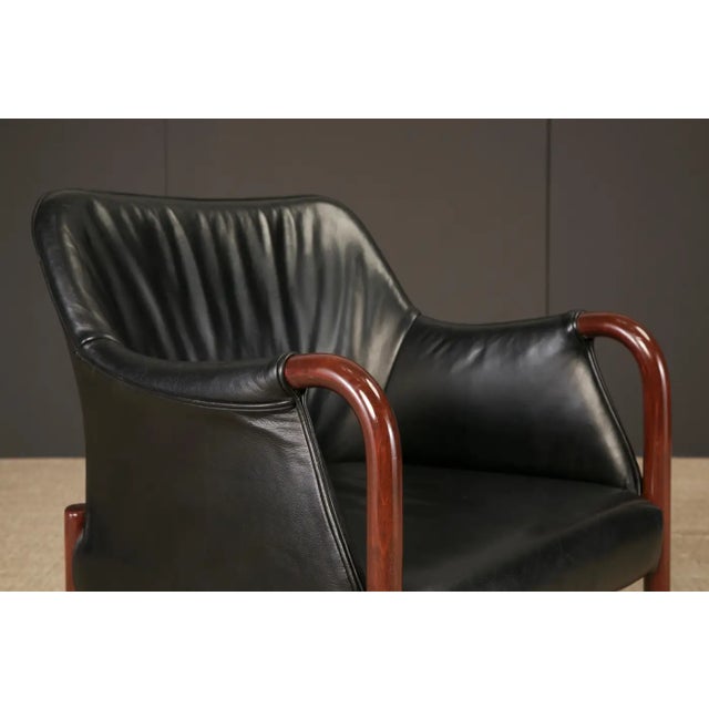 Set of Six Black Leather Dining Armchairs W Cassina Label, C 1980s, Refinished For Sale - Image 14 of 16