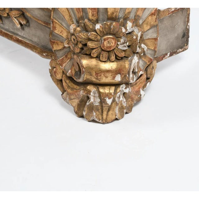 Early carved parcel gilt architectural pediment with so many uses.......as a. Valance or cornice, as the top to a cabinet,...