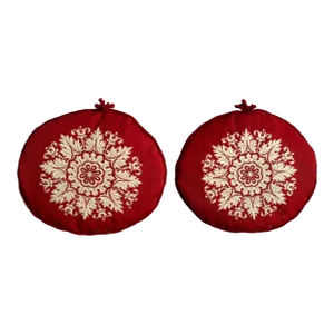 Antique Early 20th Century French Empire Neoclassical Round Woven Flower Head Seat Cushions or Pillows With Velvet Backs - a Pair