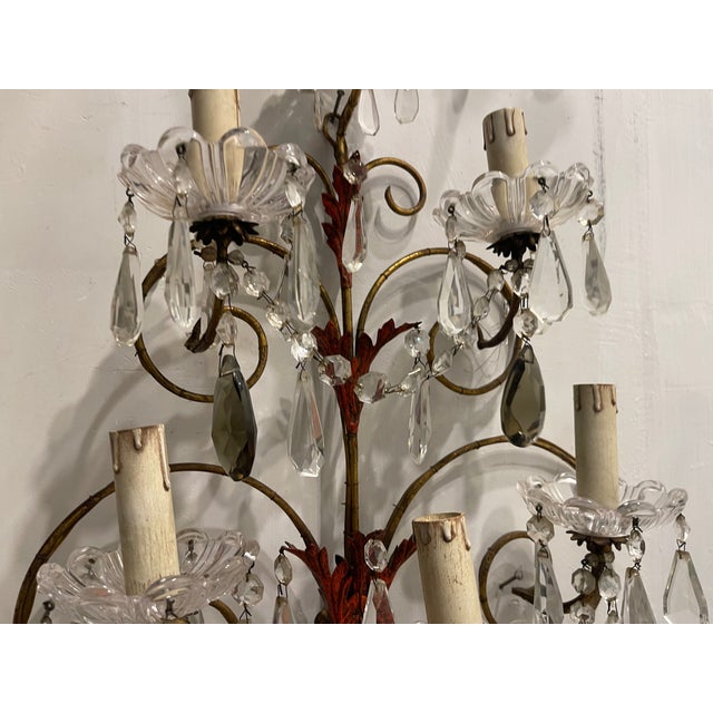 1950s Large Florentine Tole Crystal Sconces, 1950s, Set of 2 For Sale - Image 5 of 17