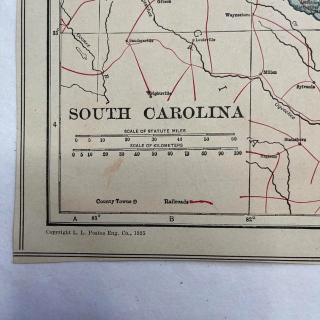 1925 map of South Carolina measuring about 9.5” x 11.25” There is discoloration to paper consistent with age. Some wear to...