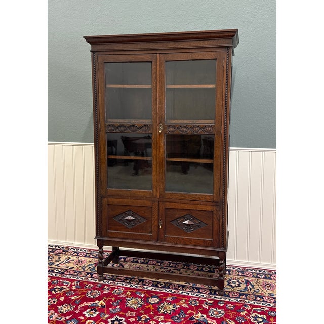 Brown Antique English Bookcase Bookshelf Cabinet Double Door Barley Twist Oak c.1930s For Sale - Image 8 of 17