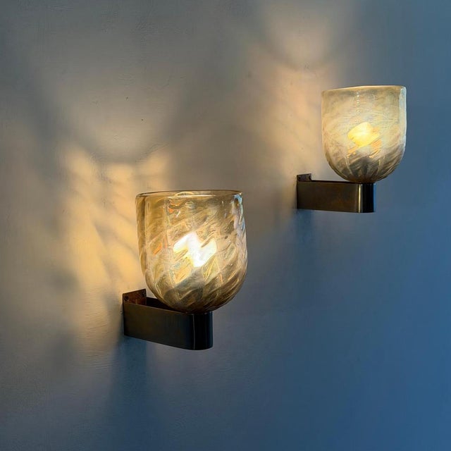 Iridescent Hammered Murano Glass Sconces attributed to Archimede Seguso, 1940s, Set of 2 For Sale - Image 10 of 16