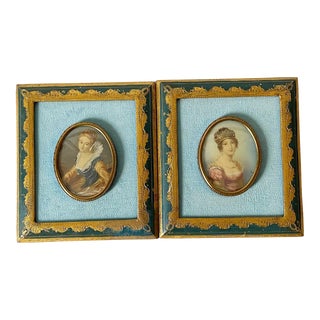 Antique Handpainted Signed Portraits of Well-To-Do Ladies in Italian Florentine Frames -A Pair For Sale