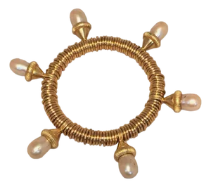 Vintage Kenneth Jay Lane Gold Wire Wrapped Pearl Drop Bangle Bracelet
