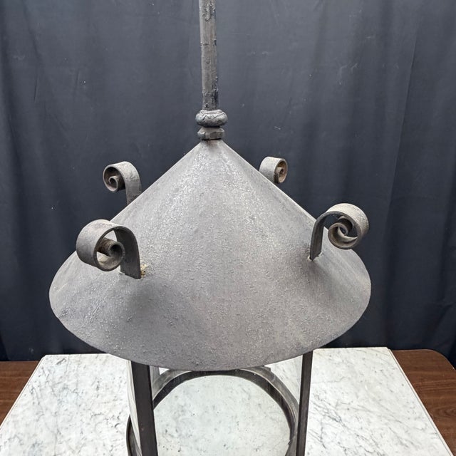 Antique Cast Iron Gas Lantern Pendant Light, Converted Gas Ceiling Fixture With Glass Shade For Sale - Image 4 of 8