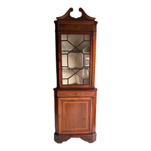 19th Century Antique English Edwardian Inlaid Corner Cabinet
