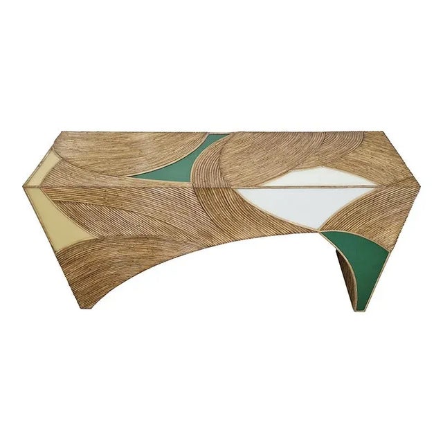 Console, entirely handmade, wooden structure covered in bamboo and white, yellow and green glass. It can be placed both as...