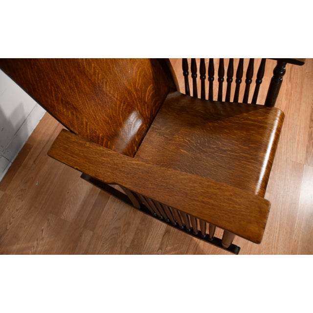 1900s Antique Mission Arts & Crafts Tiger Oak Wood Rocking Chair For Sale - Image 6 of 10