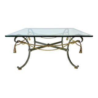 1970s Hollywood Regency Mixed Metal Rope and Tassel Glass Top Coffee Table For Sale