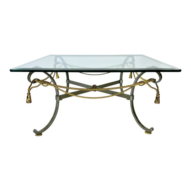 1970s Hollywood Regency Mixed Metal Rope and Tassel Glass Top Coffee Table For Sale