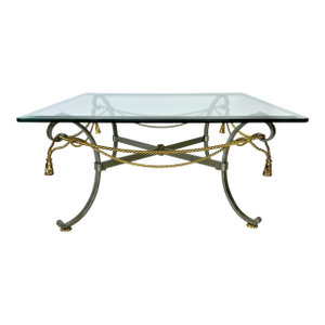 1970s Hollywood Regency Mixed Metal Rope and Tassel Glass Top Coffee Table