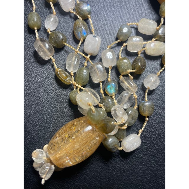 1980s Gemstone Necklace Four Strand, Contrasting Rutile Quarts and Labradorite With Large Barrel Beads of Golden Rutile Quartz and Stone Clasp. For Sale - Image 5 of 8