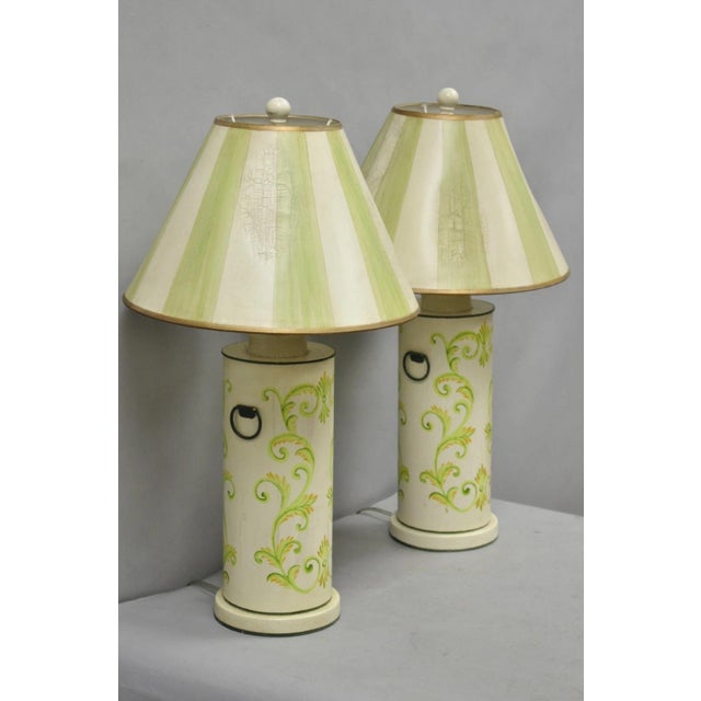 Late 20th Century French Country Cream & Green Distressed Tole Metal Cylinder Table Lamps - A Pair For Sale - Image 14 of 14