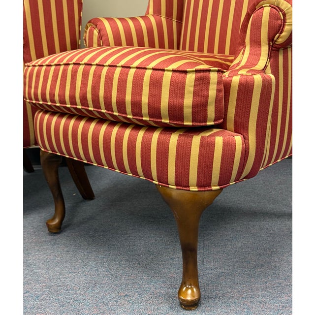 Textile Late 20th Century Striped Upholstered Wingback Chairs- A Pair For Sale - Image 7 of 12