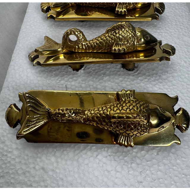 Hollywood Regency Vintage Hollywood Regency Solid Brass Koi Fish Hardware Cabinetry Knobs Hardware/Pulls, Set of 3 For Sale - Image 3 of 12