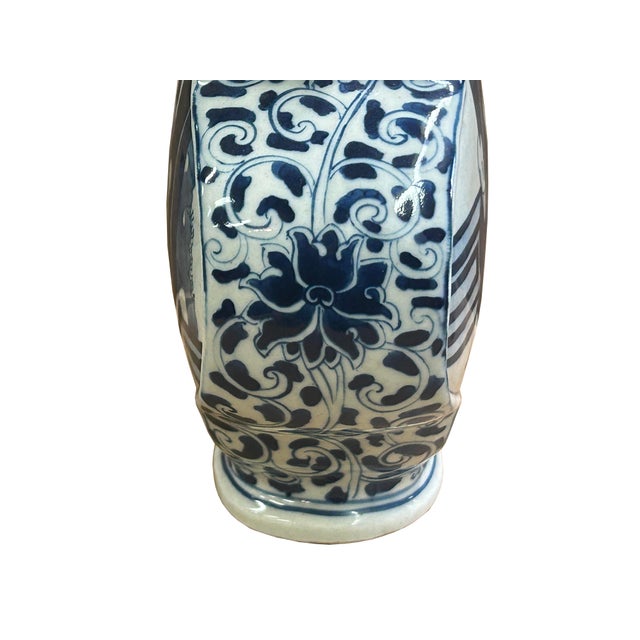1980s Chinese Blue White Porcelain MoonFlask Scenery Graphic Art Vase For Sale - Image 5 of 15