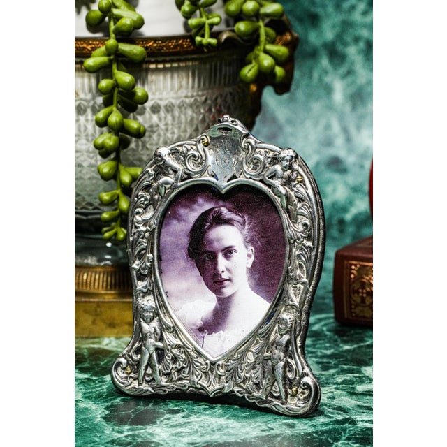 Metal Lovely Small Ornate Cherub Heart Shape Antique Victorian Sterling Silver Picture Photo Frame Home Decor For Sale - Image 7 of 9