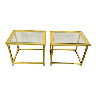 Pair Hollywood Regency Mastercraft Brass, Glass End / Side Tables, Mid-Century For Sale