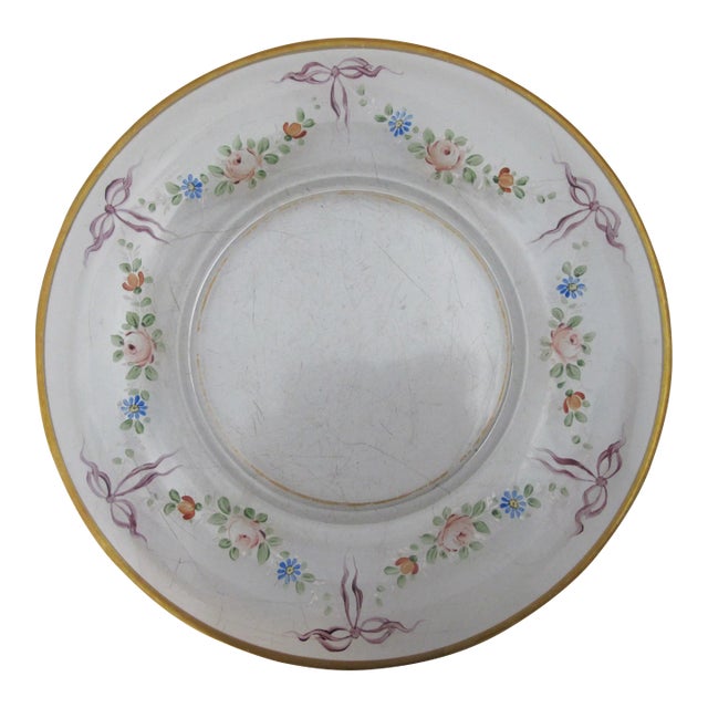 Vintage Hand Painted Colorful Flower & Ribbon Halo Gold Trim 8 1/2" Glass Plate For Sale
