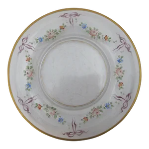 Vintage Hand Painted Colorful Flower & Ribbon Halo Gold Trim 8 1/2" Glass Plate