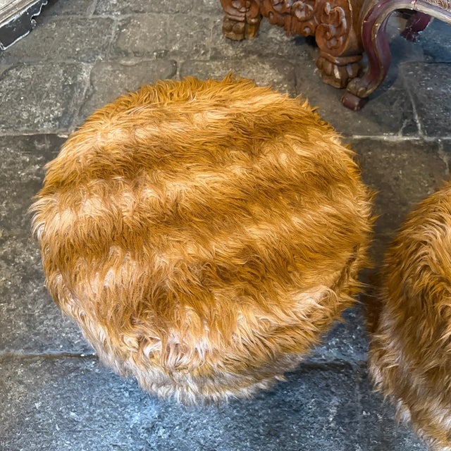 1970s Two 1970s Mid-Century Modern Brass and Fabric Poufs " Him and Her " For Sale - Image 5 of 14