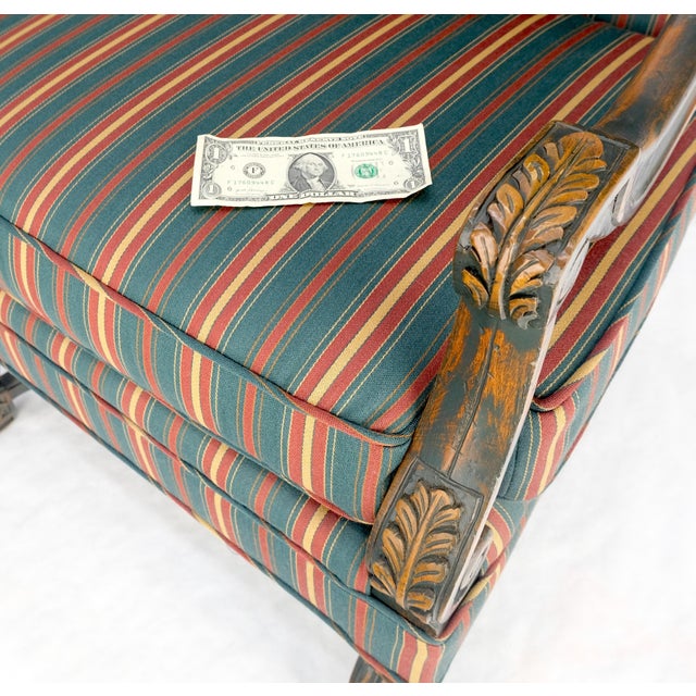Tomlinson Pair of Carved Bases & Arms Striped Upholstery Fire Side Arm Lounge Chairs MINT! For Sale - Image 4 of 18