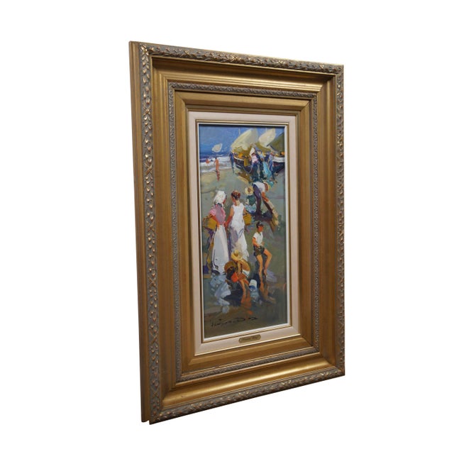Impressionist Ventura Diaz Impressionist Fisherman Beach Scene Oil Painting on Board 31" For Sale - Image 3 of 9