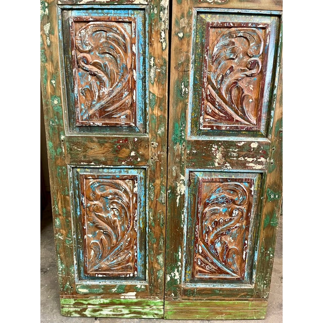 1920s Spanish Carved Double Doors in Colorful Hues | Rustic Modern Statement Door 80x38.5 For Sale - Image 5 of 5