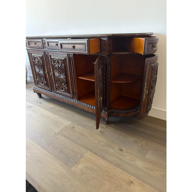 Late 20th Century Ornate Hand-Carved Wood Credenza Sideboard — Spanish Colonial Style For Sale - Image 4 of 5