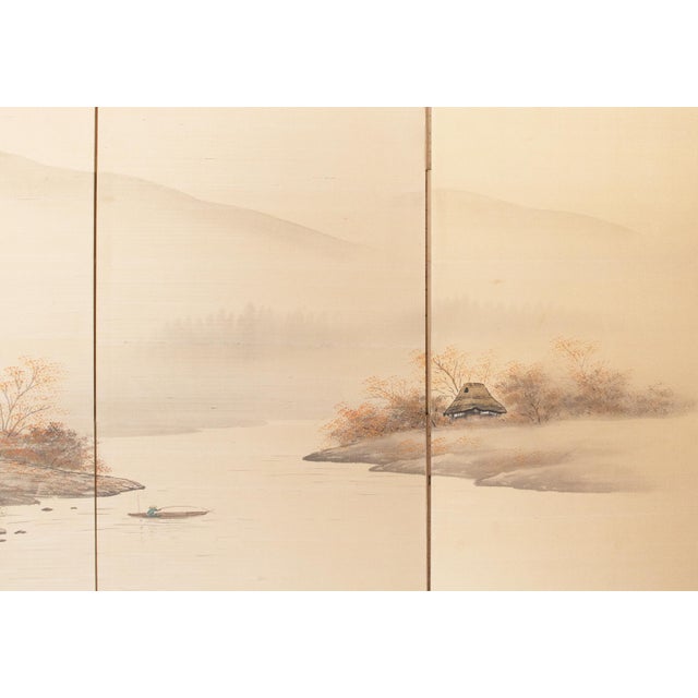 Wood 1960s Shōwa Era Japanese Silk Byobu Screen "Autumn Landscape With River" For Sale - Image 7 of 18