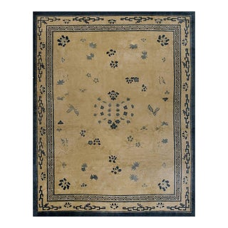1900s Beige Foliate Greek Key Deco Antique Chinese Peking Wool Rug 8'4" X 10'2" For Sale