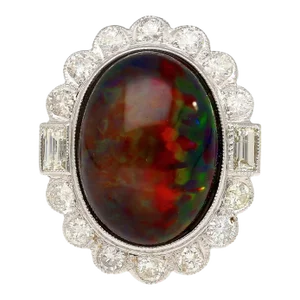 10.08 Carat Black Opal With Baguette and Round Diamond Halo Cocktail Ring Size 7