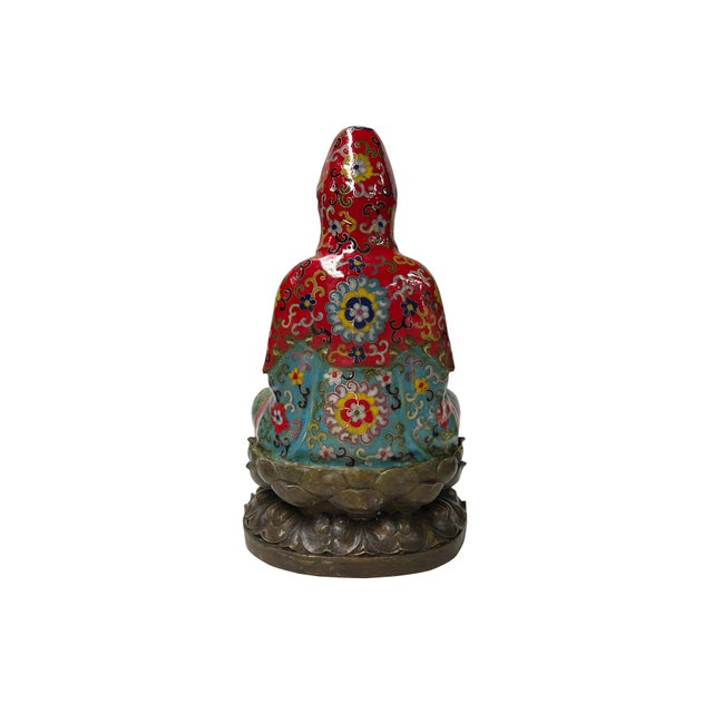 1970s Vintage Cloisonne Enamel Lotus Base Bodhisattva Metal Buddha Statue For Sale - Image 5 of 16