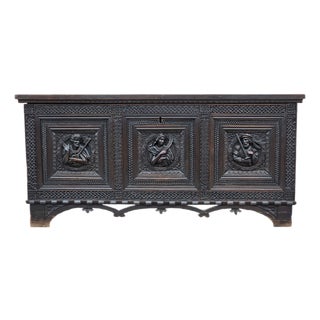 Neo-Medieval Hand-Carved Walnut Chest with Christian Iconography, 19th Century For Sale