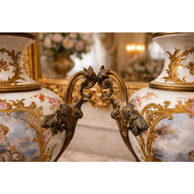 19th Sevres Louis XVI Gilt Porcelain Bronze Vases Pair For Sale - Image 13 of 18