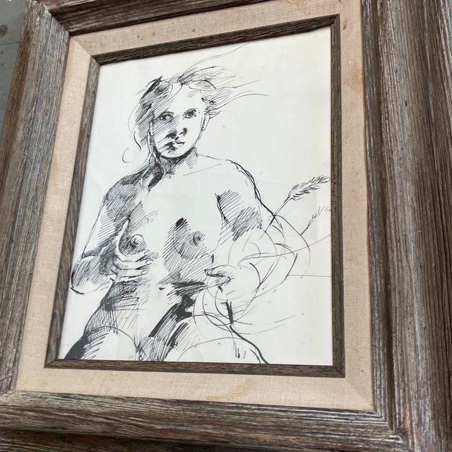 Original 8 x 10 pen & ink drawing on paper unsigned Overall size with grey washed wood frame with stained linen liner is...