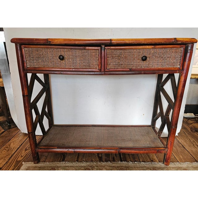Rattan & Bamboo Vintage Nantucket Console Table With Two Drawers For Sale - Image 10 of 10