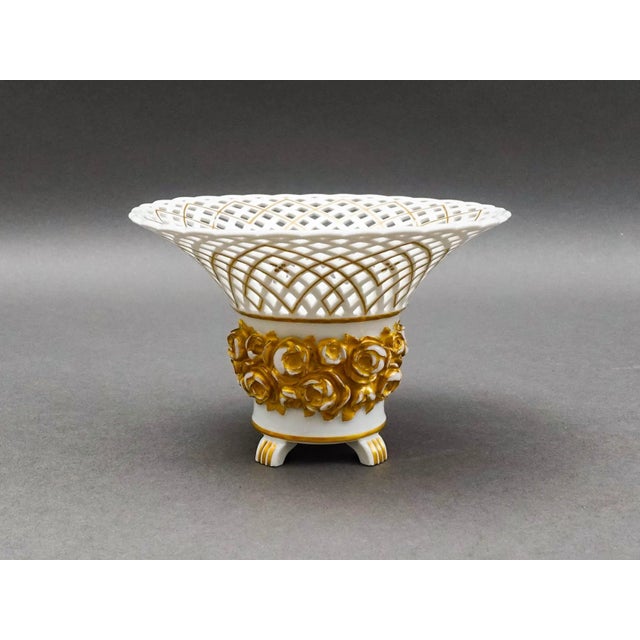 KPM Porcelain Vintage KPM White Gold Floral Porcelain Reticulated Basket Compote Pedestal Bowl For Sale - Image 4 of 7