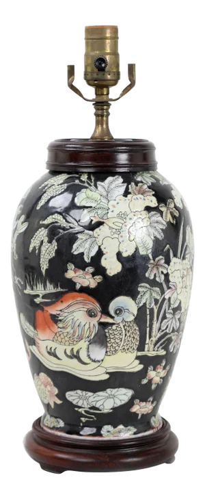 1980s Black Ginger Vase Lamp With Pond Foliage, Birds, and Koi