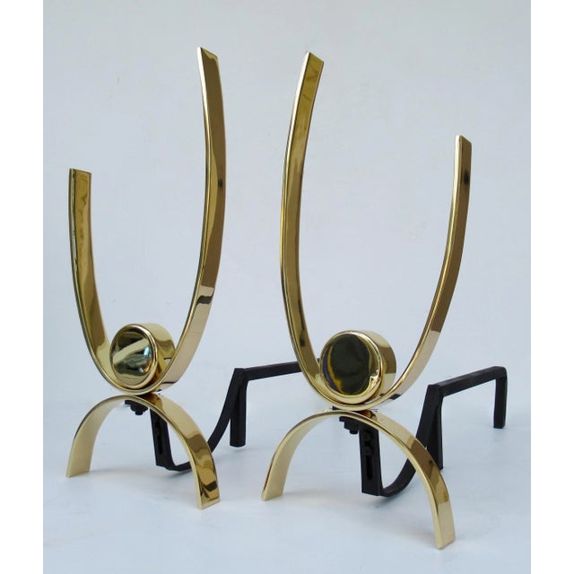 Donald Deskey C.1950's-60's Mid-Century Original Donald Deskey Polished Brass & Iron Andirons -A Pair For Sale - Image 4 of 18