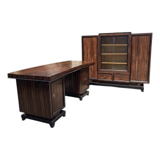 French Art Deco Makassar Study with Crescent-Shaped Desk, 1930, Set of 2 For Sale