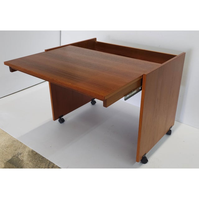 Scandinavian Modern Teak Rolling Pull Out Surface Computer Desk For Sale - Image 9 of 11