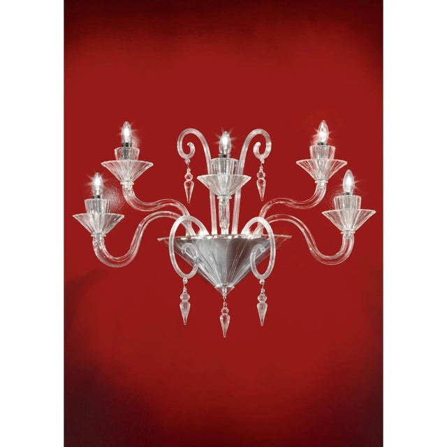 Scenographic venetian wall scoce in trasparent murano glass 5 lights for an imperial wall sconce in contemporary and...