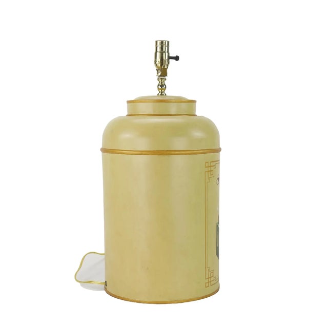 Mustard A Pair 1990s British Chinoiserie Hand-Painted Tin Tea Canister Table Lamps For Sale - Image 8 of 11