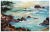Dynamic seascape along rocky Big Sur beach with surf by Willard Little (American, 20th century), circa 1940. Aqua blue...
